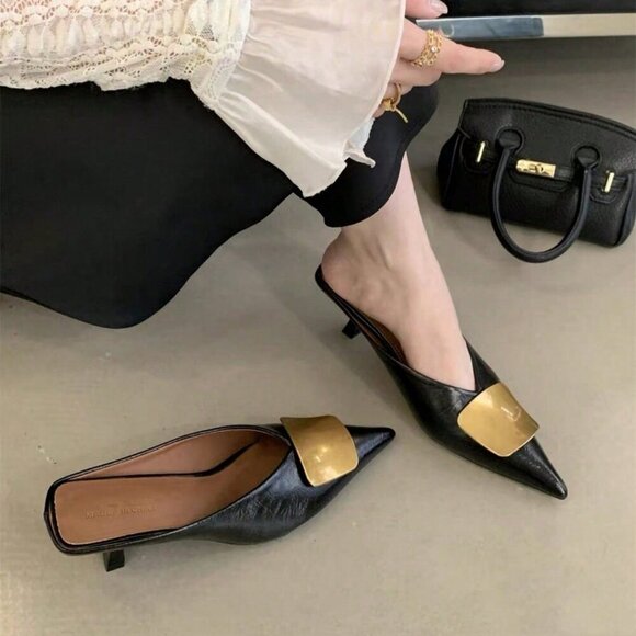 Fashionable Women's Metal Buckle Pointed Toe Thin Black kitten Heel mule Sandals - Picture 3 of 5